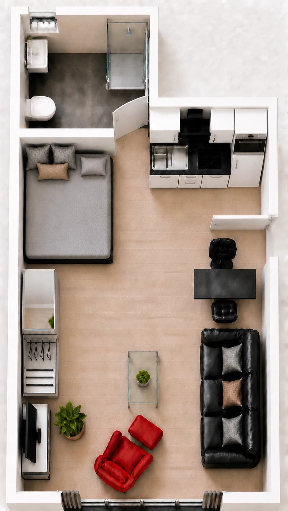 Dreidimensional dargestellter Grundriss des Business Apartments