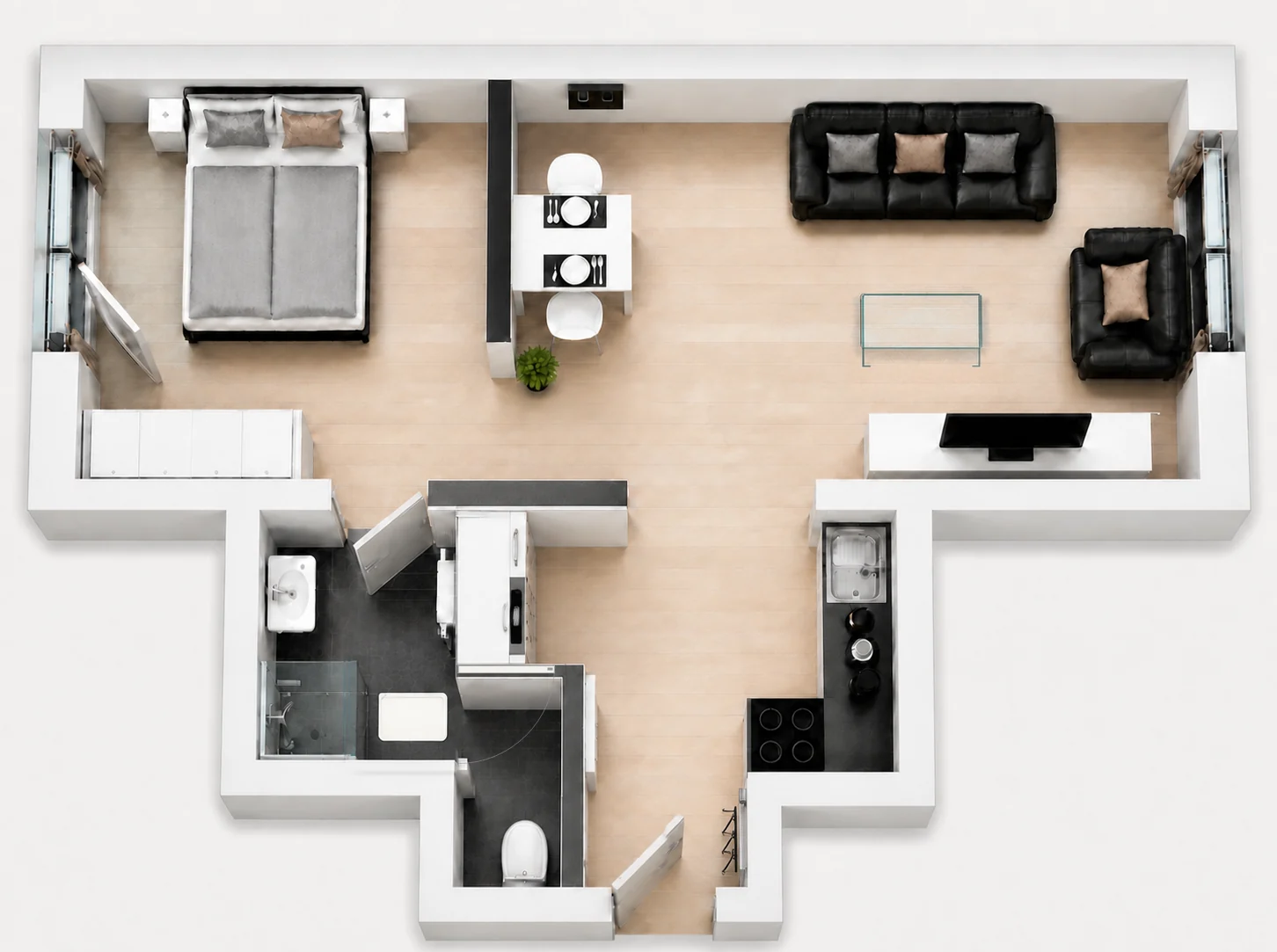 Dreidimensional dargestellter Grundriss des Komfort Apartments