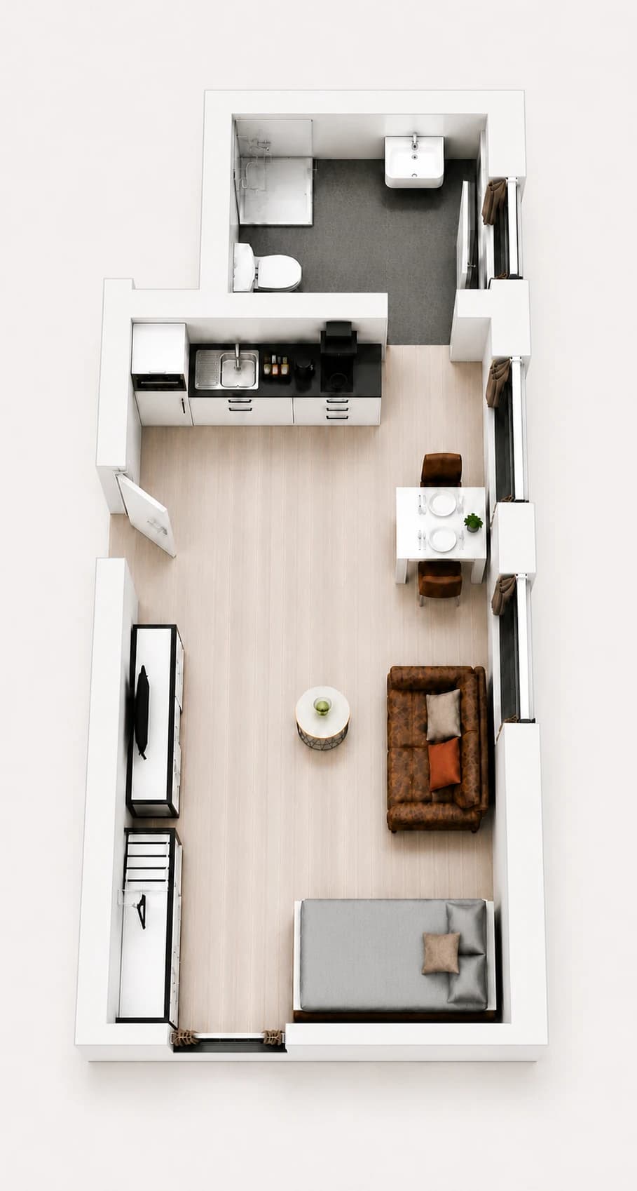 Dreidimensional dargestellter Grundriss des Single Apartments