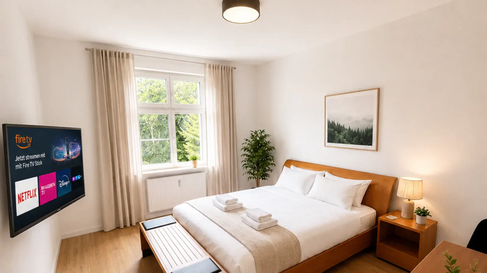 Möbliertes Schlafzimmer mit Smart-TV und Streaming-Auswahl in einer Projektwohnung in Bottrop-Welheim