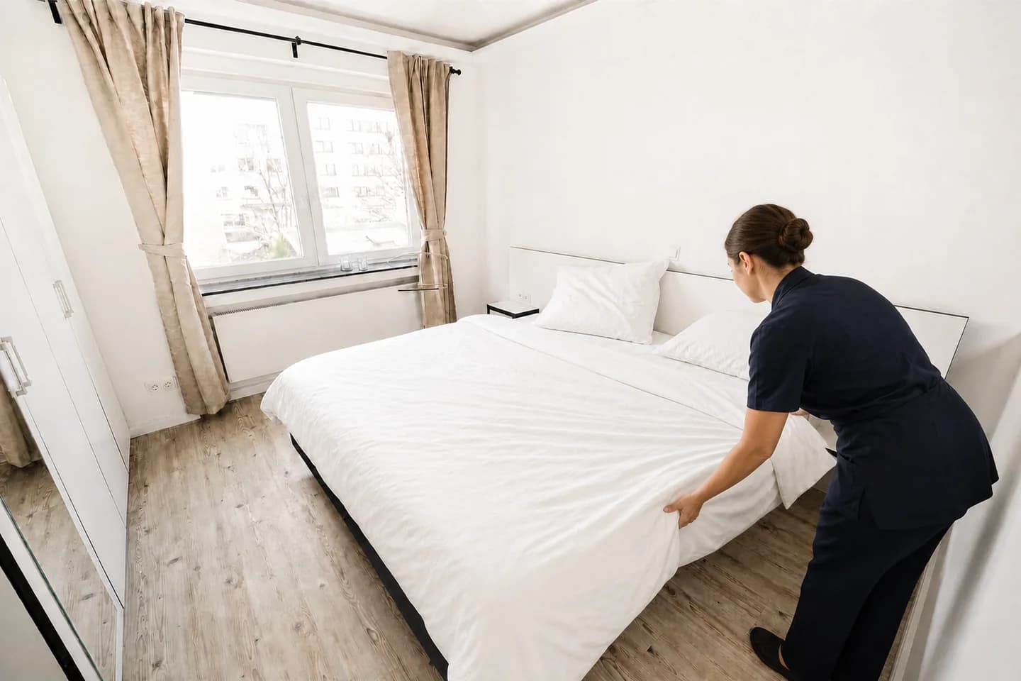 Housekeeping preparing a furnished apartment for the next employee